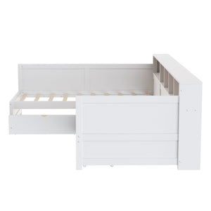 English Elm Twin Corner Daybed with Storage Drawers Bookshelf Wood L-shape Frame for Small Rooms White N733S369272K