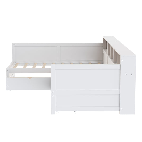 English Elm Twin Corner Daybed with Storage Drawers Bookshelf Wood L-shape Frame for Small Rooms White N733S369272K