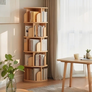 English Elm 5 Tier Rotating Bookshelf Tower with Curved Edges, 360° Smooth Spin, Stable Double-Layer Base, Space-Saving Storage Wood W3204P293742
