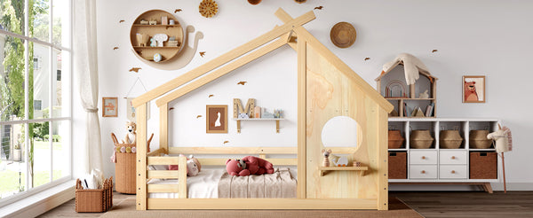 English Elm Full House Floor Bed with Roof Window and Shelf – Solid Pine Kids Loft-Style Low Bed, Durable Design Natural W1580P362703