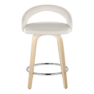 English Elm Fixed-height Swivel Counterstools with Velvet Seats Bent Wood Legs and Chrome Footrest B202S01764
