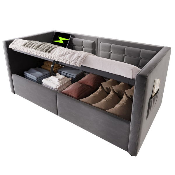 English Elm Upholstered Twin Daybed with Hydraulic Storage, Velvet Tufted Sofa Back, USB & Type-C Charging Port Gray N736P303402G