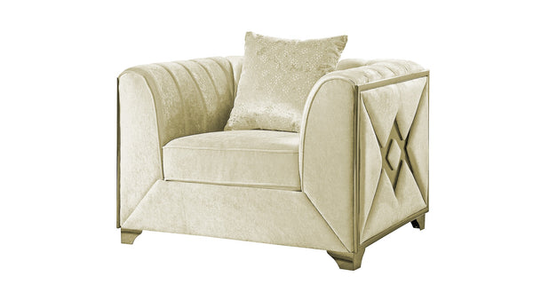 English Elm Velencia 3Pc Cream Velvet Living Room Set with Gold X Inlay, Tufted Cushions & Solid Wood Frame B009S01944