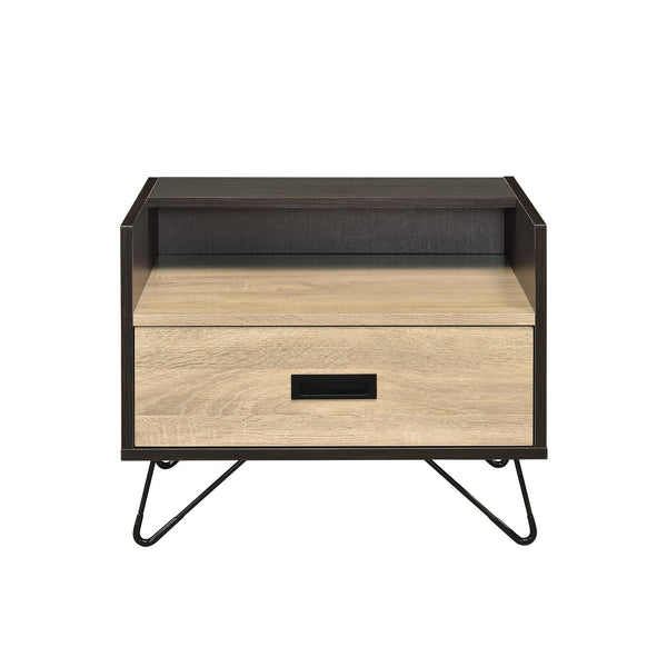 English Elm Oak Modern Oak and Black Nightstand with Drawer, Open Shelf & Metal Legs, Smooth Glide Storage B062P181411