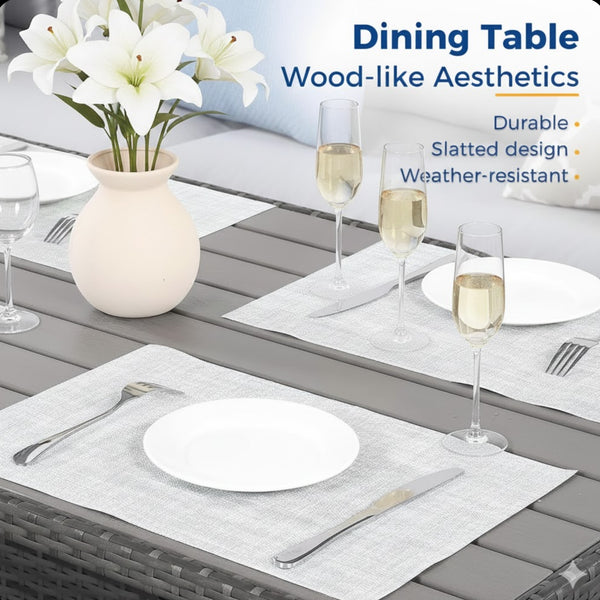 English Elm 7 Piece Outdoor Wicker Dining Set Modular Sectional Sofa Ottomans and Patio Table Grey+Brown B082S00077