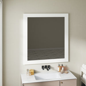 English Elm Revitalize Any Bathroom with a Square Matte White Framed Wall Mirror Modern Vanity W3151P265975