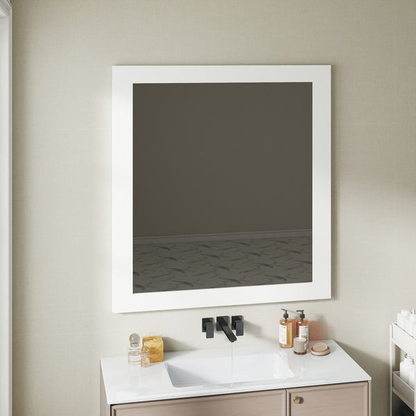 English Elm Revitalize Any Bathroom with a Square Matte White Framed Wall Mirror Modern Vanity W3151P265975