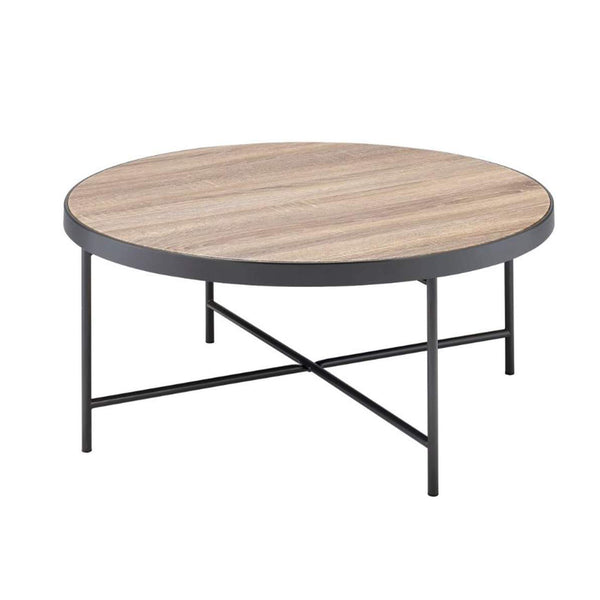 English Elm Round 33" Wooden Top Coffee Table with Weathered Gray Oak Finish, Industrial Metal Frame & Cross Stretchers B016P310526
