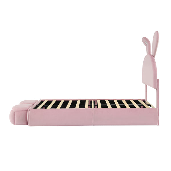 English Elm Twin Upholstered Platform Bed with Cute Cartoon Ears Headboard, LED Light, Adjustable Height, Pink WF321677AAH