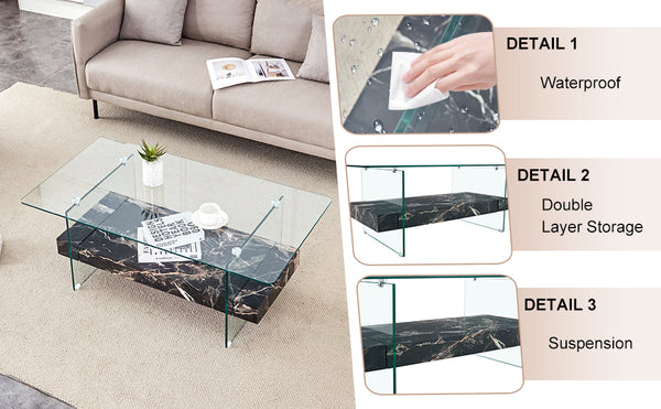 English Elm Rectangular Two Tier Glass Coffee Table with Marble Shelf for Modern Living Rooms W2920P226071