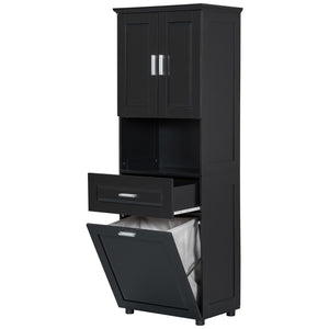 English Elm Tall Bathroom Cabinet with Tilt-Out Laundry Hamper, Adjustable Shelves, Anti-Tip Design & Large Storage Black WF323481AAB