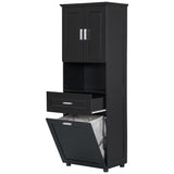 English Elm Tall Bathroom Cabinet With Laundry Basket, Large Storage Space Tilt-Out Laundry Hamper and Upper Storage Cabinet, Black