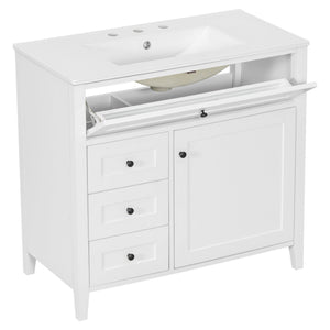 English Elm 36-Inch White Bathroom Vanity With Sink, Modern Mdf & Rubberwood, 3 Drawers & Adjustable Shelf Storage N725P350821K