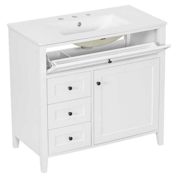 English Elm 36-Inch White Bathroom Vanity With Sink, Modern Mdf & Rubberwood, 3 Drawers & Adjustable Shelf Storage N725P350821K