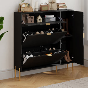 English Elm Mdf Herringbone Shoe Cabinet Gold Hardware Entryway Organizer Holds 16 Pairs Black T3609P482836