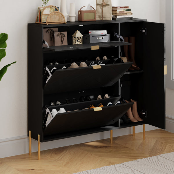 English Elm Mdf Herringbone Shoe Cabinet Gold Hardware Entryway Organizer Holds 16 Pairs Black T3609P482836