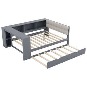 English Elm Wood Twin Platform Bed Linen Headboard Storage Shelves Trundle Charging Station Gray N709P004024E