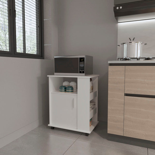 English Elm Correy 4-Shelf Microwave Cabinet with Wheels, White Mobile Storage Cart with 5 Shelves & Door for Kitchen Organization and Stylish Countertop Space B06280096