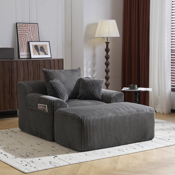 English Elm Oversized corduroy chaise lounge with ottoman, plush boneless sofa, ergonomic pillows for relaxing comfort Grey W1901P278403