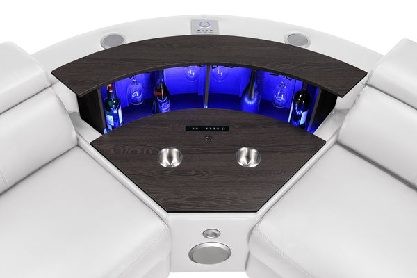 English Elm Nova Entertainment Sectional Sofa with Led Bar Fridge Console and Bluetooth Speaker White B009S02170