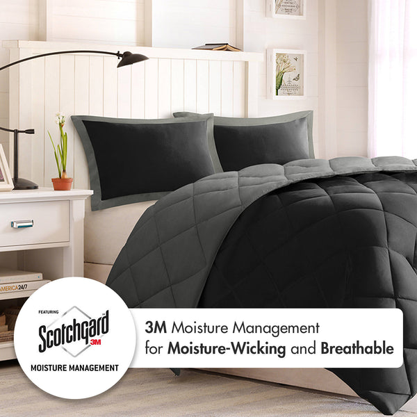 JLA Home Madison Park Essentials - 3M Plush Reversible Diamond Quilted Comforter Set with Scotchgard, Antimicrobial Odor Control, Hypoallergenic Black/Grey BASI10-0202