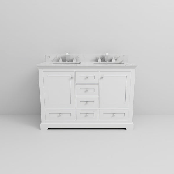 English Elm White Double Bath Vanity 48" W x 22" D with Carrara Marble Top, Faucet Set, Soft-Close Drawers & Storage B2731P258324