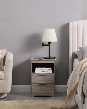 English Elm Nightstand with Drawer | 3-Tier Modern Bedside Table with Hidden Drawer, Open Shelves, Sturdy Build Gray 25.9 L x 16.7 W x 5.5 H W3151P345816