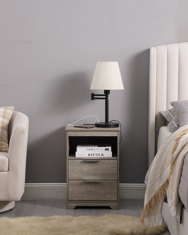 English Elm Nightstand with Drawer | 3-Tier Modern Bedside Table with Hidden Drawer, Open Shelves, Sturdy Build Gray 25.9 L x 16.7 W x 5.5 H W3151P345816