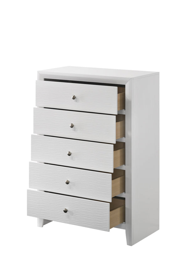 English Elm 1pc Contemporary 5-Drawer Chest with Round Knobs, Sleek Top and Wood-Pattern Fronts for Bedroom Storage White 33.5 L x 18.4 W x 49.8 H B011P345924