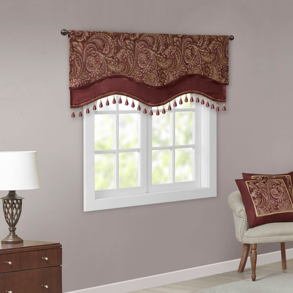 JLA Home Madison Park - Jacquard Aubrey Beaded Valance with Paisley Weave, Faux-Silk Shine, Scalloped Hem & Gold Trim Burgundy MP41-4991