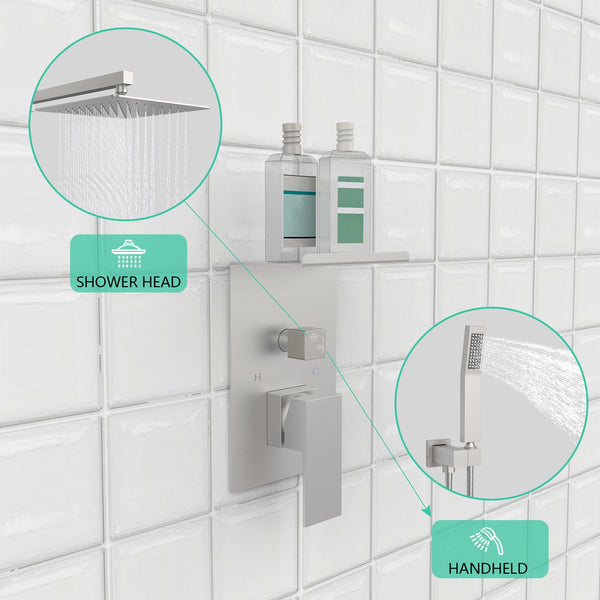 English Elm Rainfall Luxury Shower System with 10" Square Head, High-Pressure Rain + Handheld and Storage Rack Brushed Nickel T3177P269147