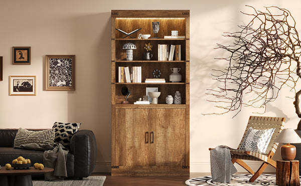 English Elm 83.4"Tall Modern Bookshelf with Doors Walnut, LED Accent Lighting, 3 Adjustable Shelves, Storage Cabinet N751S346154W