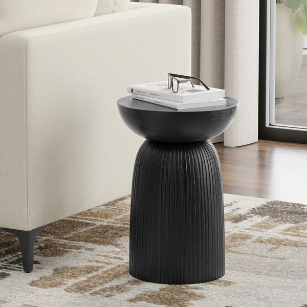 English Elm Boyd Carved Mango Wood Accent Table Matte Black Lacquer Sculptural Side Stand B136P414660