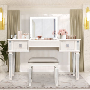 English Elm Mirrored Vanity Desk with Drawers and Flip-Up Mirror, Silver PU Stool, Crystal Knobs, Storage Elegance W2170P209976