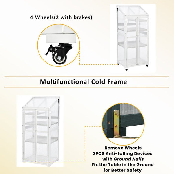 English Elm Topmax Fir Wood Polycarbonate Cold Frame Greenhouse with Wheels Adjustable Shelves Outdoor White WF297923AAK