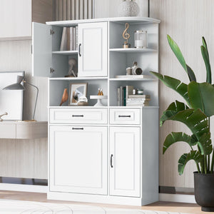 English Elm Tall Freestanding Organizer Cabinet with Tilt-Out Hamper, 2 Drawers, Adjustable Shelves, Modern White MDF Storage N725S352451K