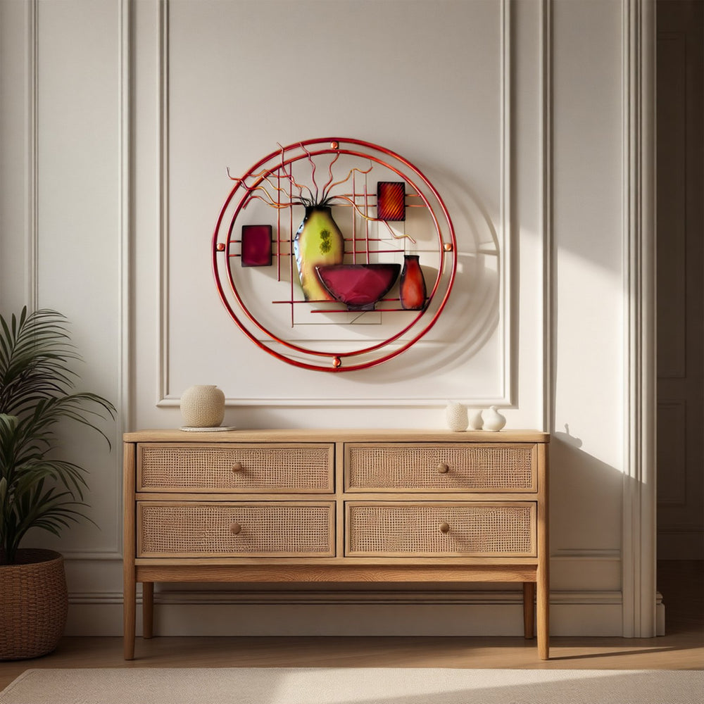 English Elm 22 Round Metal Wall Art 22" Multicolor 3D Vase & Geometric Decor — Rust‑Free Alloy, Easy Mounting B056P390827