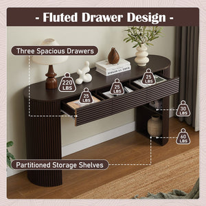 English Elm [video] Retro Fluted Console Table with 3 Drawers Open Niche Mid-century Entryway Espresso N759P283616D