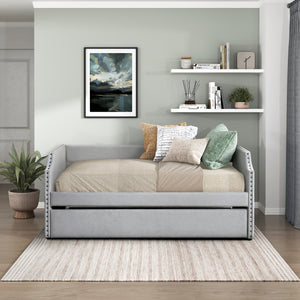 English Elm Modern Upholstered Daybed with Pull Out Trundle Nailhead Trim Twin Guest Room Piece Light Gray B011P256303