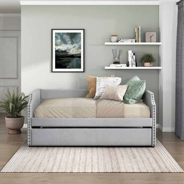English Elm Modern Upholstered Daybed with Pull Out Trundle Nailhead Trim Twin Guest Room Piece Light Gray B011P256303