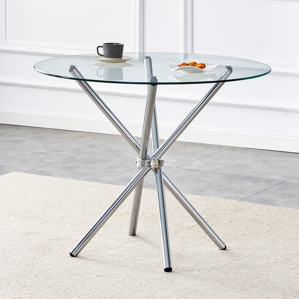 English Elm A Round Tempered Glass Dining Table with Sculptural Black Metal Legs for Modern Spaces W1151P411357