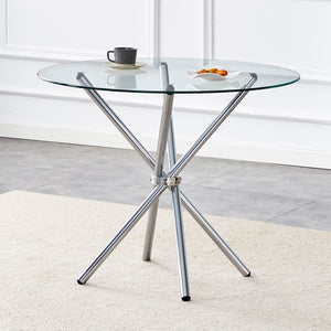 English Elm A Round Tempered Glass Dining Table with Sculptural Black Metal Legs for Modern Spaces W1151P411357