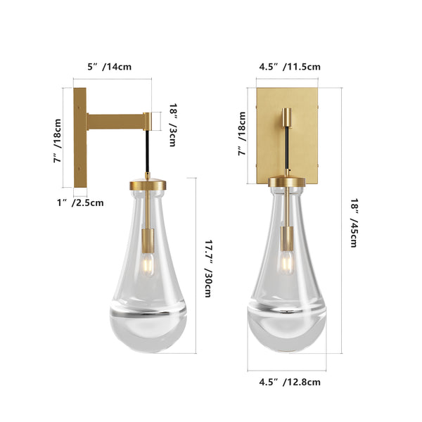 English Elm Brass Modern Raindrop Glass Wall Sconce — Dimmable Handblown E12 LED, Brushed Luxury Vanity Light W2312P389959