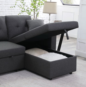 English Elm Dino Linen Tufted Sleeper Sectional with Reversible Chaise Storage and Two Ottomans Dark Gray B2749S00201