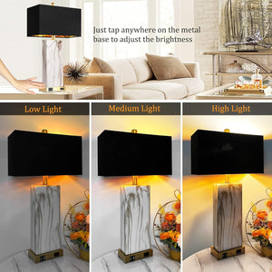 English Elm Touch Dimmable Ceramic Marble Lamp Pair with Usb Charging Gold Black Shade Bedroom W3355P465374