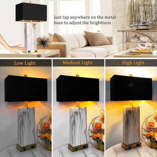 English Elm Touch Dimmable Ceramic Marble Lamp Pair with Usb Charging Gold Black Shade Bedroom W3355P465374