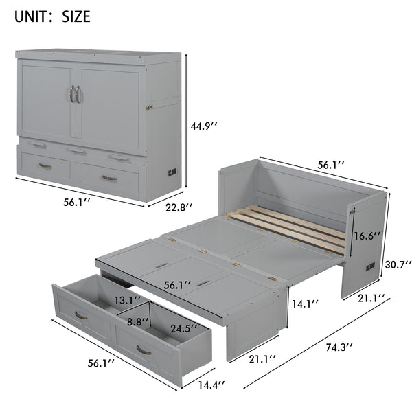 English Elm Full Size Murphy Wall Bed with Storage Drawer Usb Ports and Metal Handles for Small Spaces LP000669AAE
