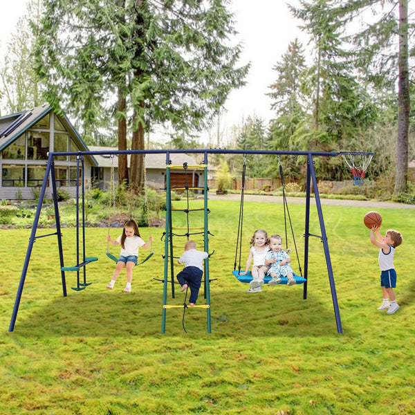 English Elm 6 Activity Steel A-frame Backyard Swing Set with Hammock Glider Climbing Net Hoop W1408P367264