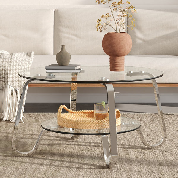 English Elm Retro Industrial Square Coffee Table Dual Tier Tempered Glass and Metal Frame Living Room W3875P391118