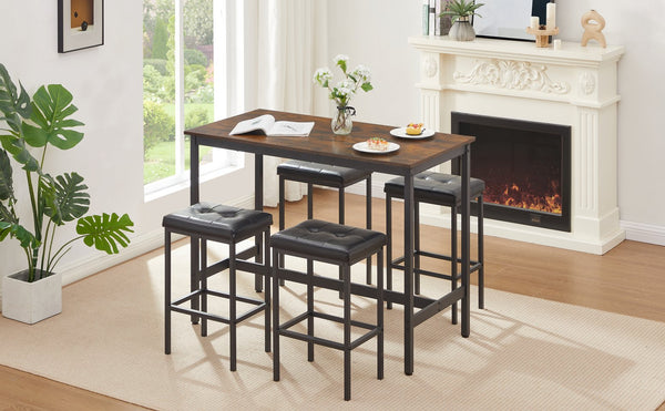 English Elm Pub Industrial 5-Piece High Dining Set with Rustic Brown Table & 4 PU Leather Bar Chairs, Adjustable Feet, Sturdy Steel Frame, Comfortable Cushions, 47.2"L x 23.6"W x 35.4"H W1668P164658